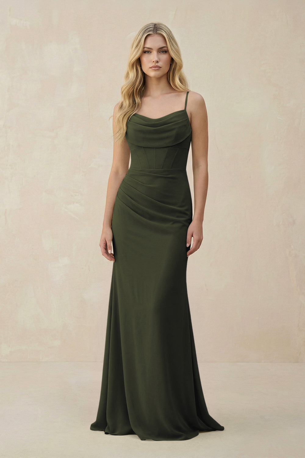 Cowl Neck Sheath Chiffon Bridesmaid Dress with Corset in Olive