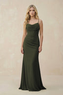 Olive Cowl Neck Sheath Chiffon Bridesmaid Dress with Corset | KISSBRIDAL