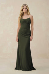 Olive Cowl Neck Sheath Chiffon Bridesmaid Dress with Corset | KISSBRIDAL