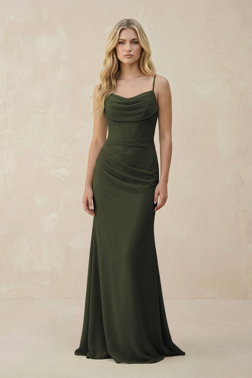 Olive Cowl Neck Sheath Chiffon Bridesmaid Dress with Corset | KISSBRIDAL