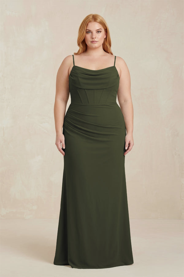 Olive Cowl Neck Sheath Chiffon Bridesmaid Dress with Corset [sizeplus] | KISSBRIDAL