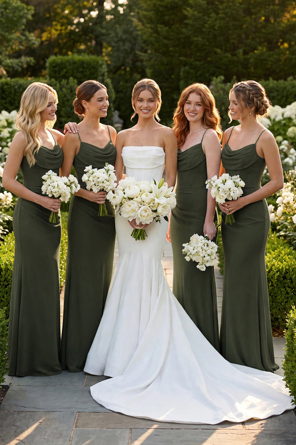 Olive Cowl Neck Sheath Chiffon Bridesmaid Dress with Corset | KISSBRIDAL