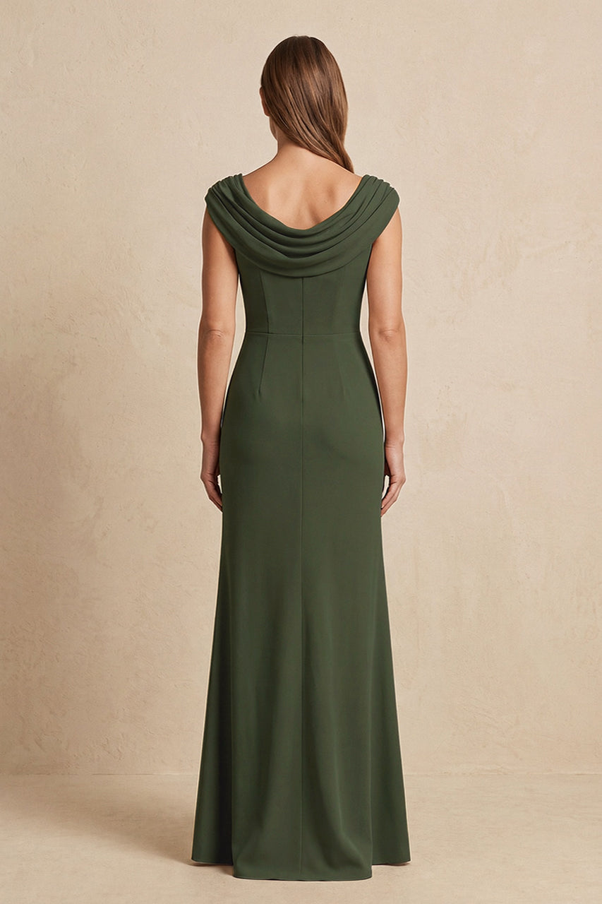 Olive Cowl Neck Sheath Chiffon Mother of the Bride Dress with Slit and Cap Sleeves