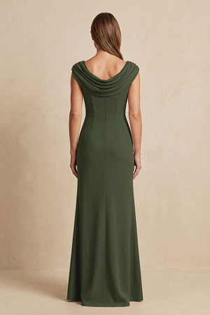 Olive Cowl Neck Sheath Chiffon Mother of the Bride Dress with Slit and Cap Sleeves (2) | KISSBRIDAL