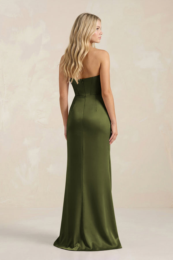Olive Cowl Neck Sheath Satin Bridesmaid Dress With Detachable Sleeves | KISSBRIDAL