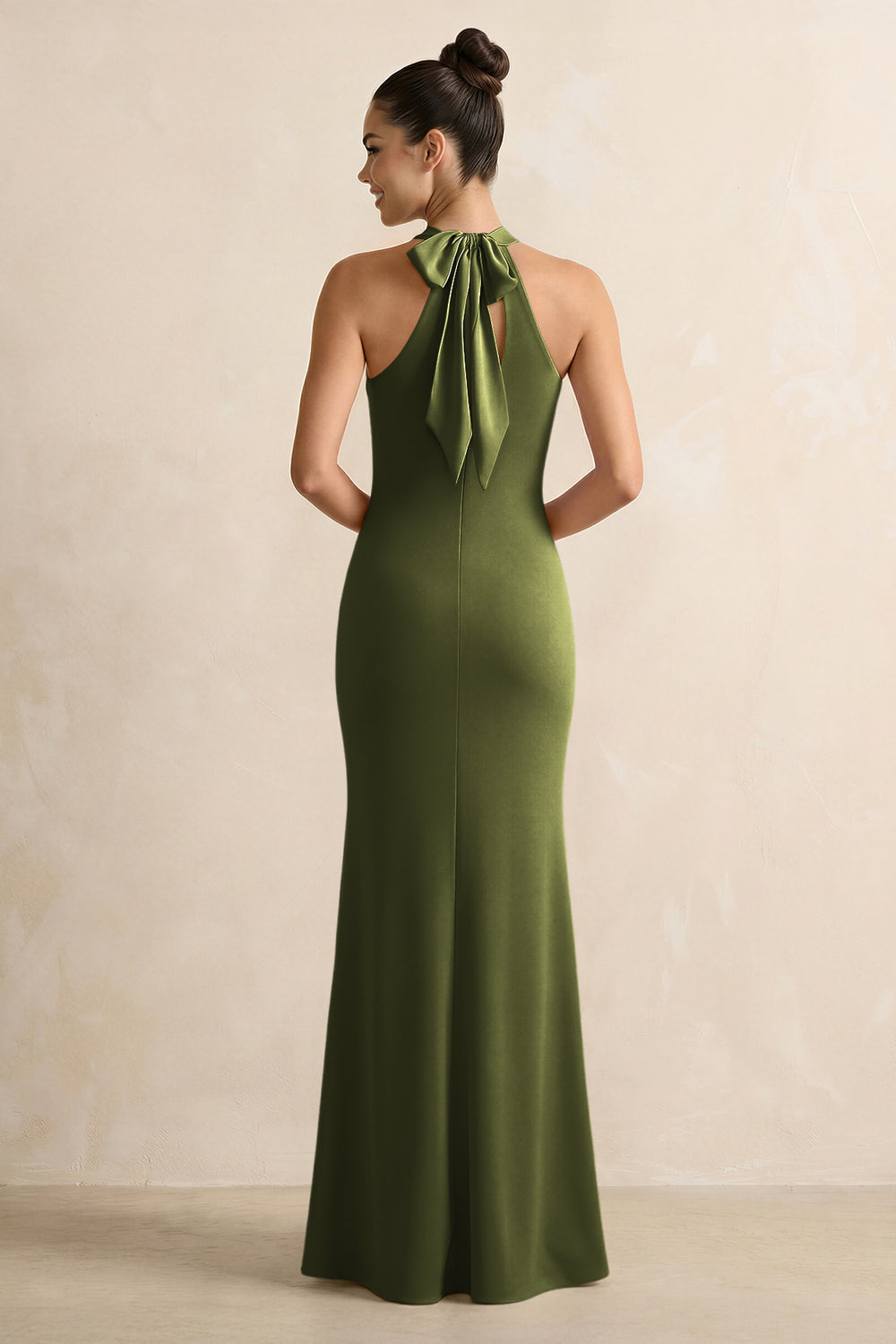 Crisscross Halter Sheath Satin Bridesmaid Dress with Bow in Olive