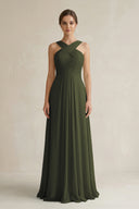 Olive Cross Halter Chiffon A-Line Pleated Bridesmaid Dress | KISSBRIDAL