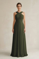 Olive Cross Halter Chiffon A-Line Pleated Bridesmaid Dress | KISSBRIDAL