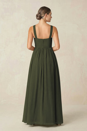 Olive Cross Halter Neck Chiffon A-Line Bridesmaid Dress With Slit (2) | KISSBRIDAL