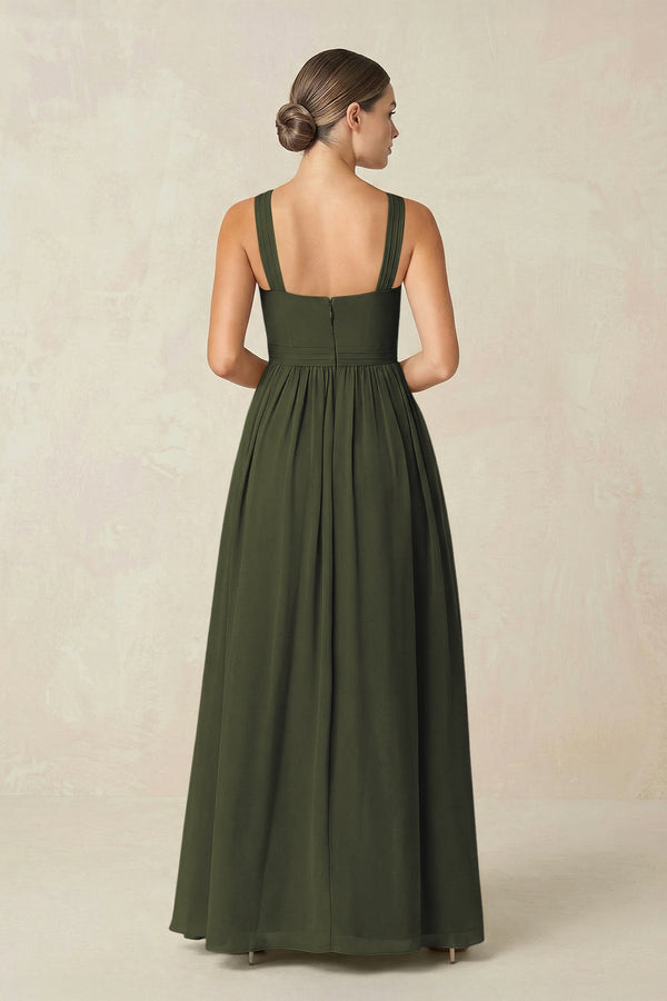 Olive Cross Halter Neck Chiffon A-Line Bridesmaid Dress With Slit (2) | KISSBRIDAL
