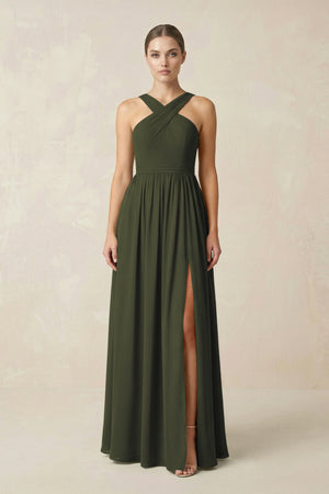 Olive Cross Halter Neck Chiffon A-Line Bridesmaid Dress With Slit | KISSBRIDAL