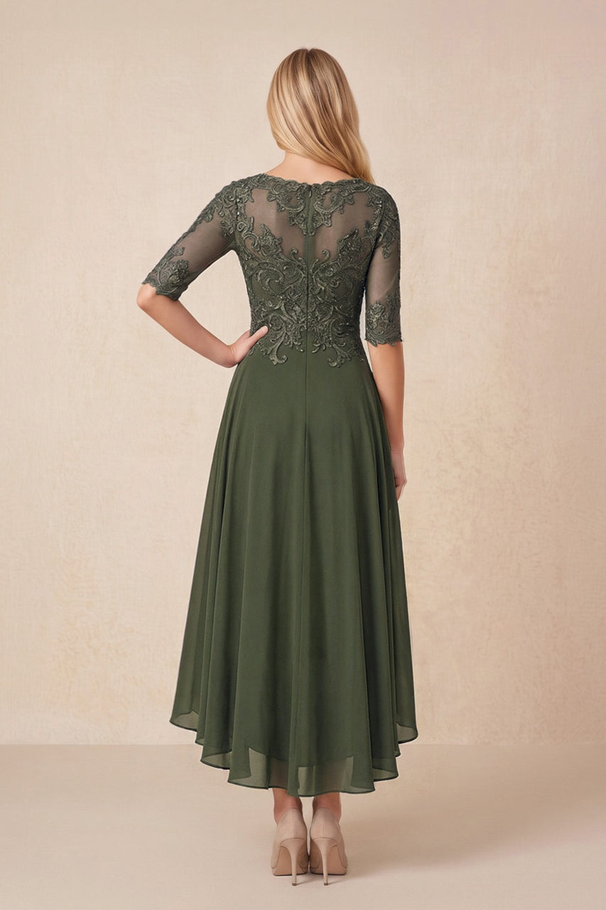 Olive Embroidered A-Line Chiffon Midi Mother of the Bride Dress with Sleeves