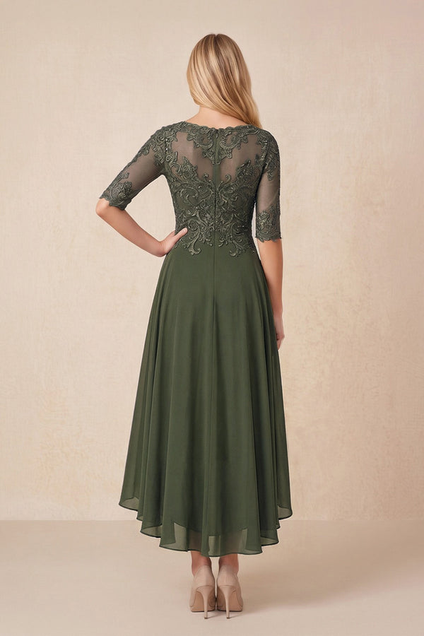 Olive Embroidered A-Line Chiffon Midi Mother of the Bride Dress with Sleeves (2) | KISSBRIDAL