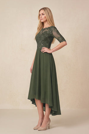 Olive Embroidered A-Line Chiffon Midi Mother of the Bride Dress with Sleeves (3) | KISSBRIDAL