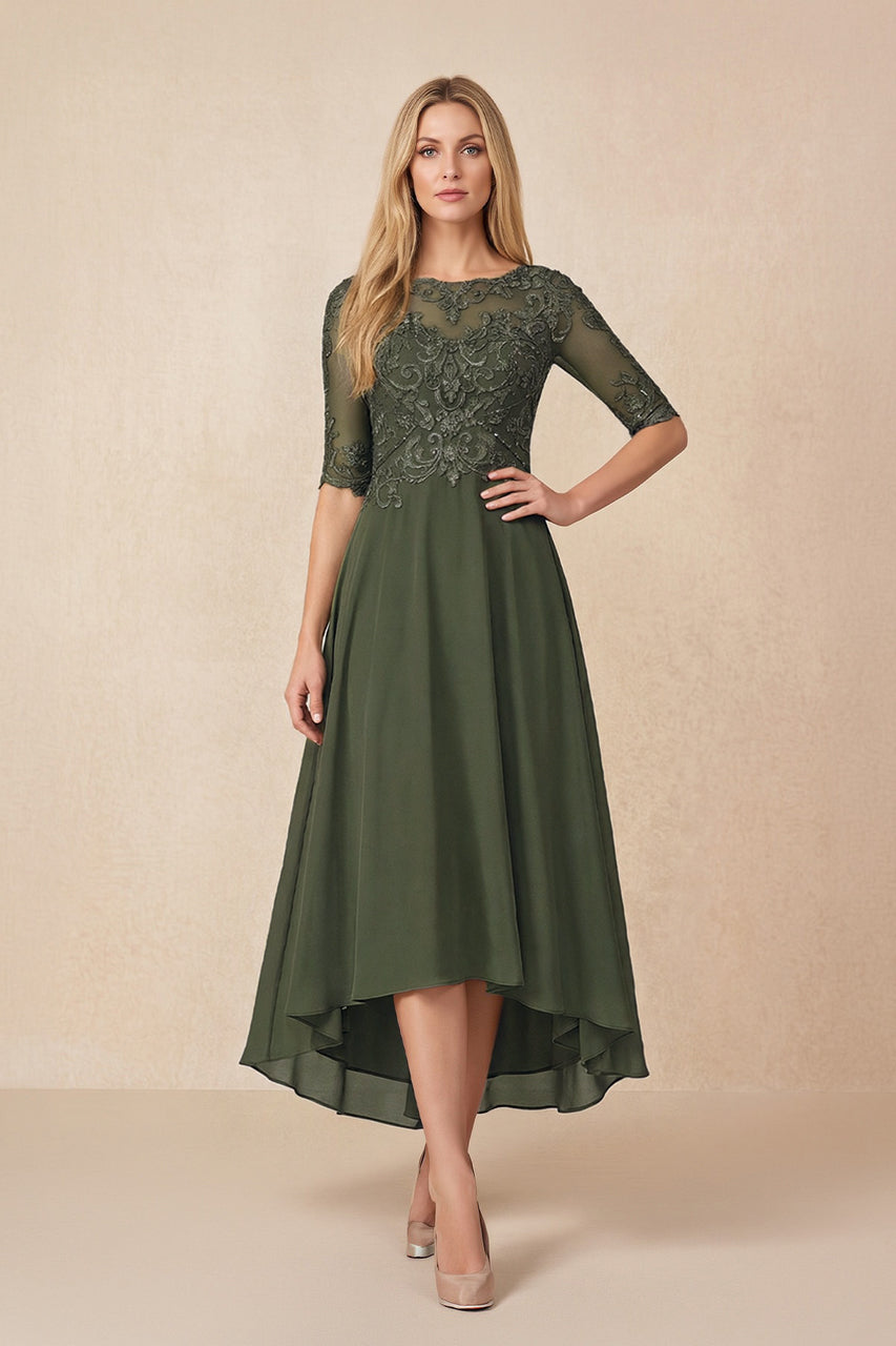 Olive Embroidered A-Line Chiffon Midi Mother of the Bride Dress with Sleeves