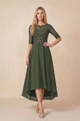 Olive Embroidered A-Line Chiffon Midi Mother of the Bride Dress with Sleeves | KISSBRIDAL
