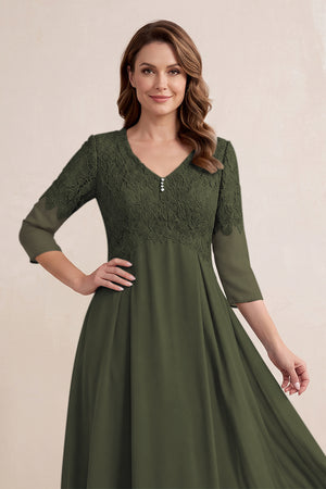 Olive Embroidered Chiffon A-Line Midi Mother of the Bride Dress (3) | KISSBRIDAL
