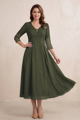 Olive Embroidered Chiffon A-Line Midi Mother of the Bride Dress | KISSBRIDAL