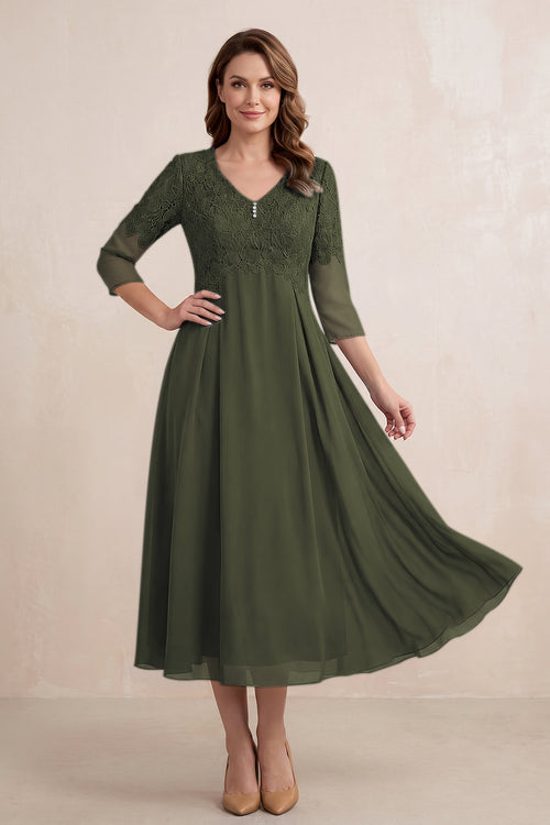 Olive Embroidered Chiffon A-Line Midi Mother of the Bride Dress | KISSBRIDAL