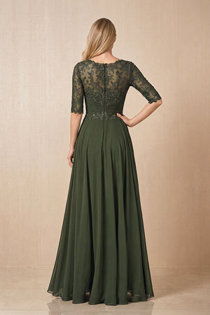 Olive Embroidered Chiffon Boat Neck A-Line Mother of the Bride Dress with Half Sleeves (2) | KISSBRIDAL