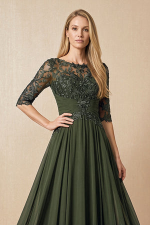 Olive Embroidered Chiffon Boat Neck A-Line Mother of the Bride Dress with Half Sleeves (3) | KISSBRIDAL