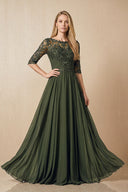 Olive Embroidered Chiffon Boat Neck A-Line Mother of the Bride Dress with Half Sleeves | KISSBRIDAL