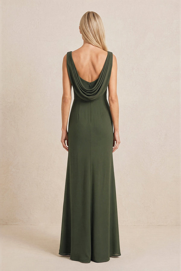 Olive Embroidered Cowl Neck Sheath Chiffon Mother of the Bride Dress (2) | KISSBRIDAL