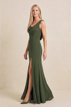Olive Embroidered Cowl Neck Sheath Chiffon Mother of the Bride Dress (3) | KISSBRIDAL