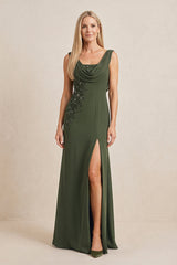 Olive Embroidered Cowl Neck Sheath Chiffon Mother of the Bride Dress | KISSBRIDAL