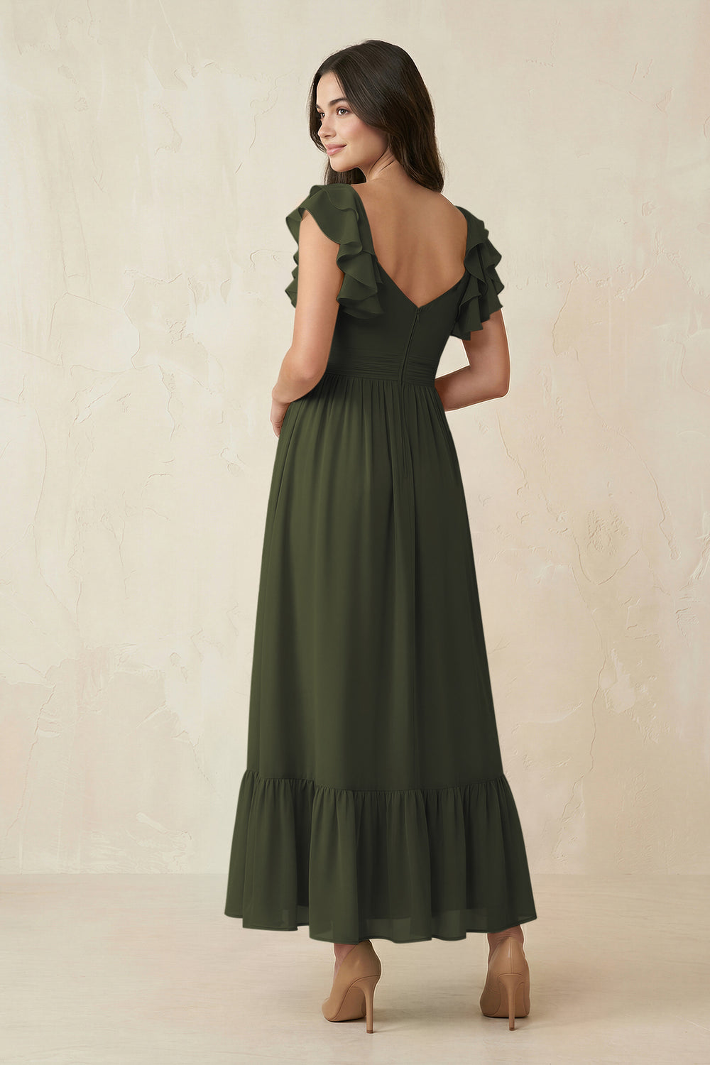 Flutter Sleeve Sweetheart A-Line Chiffon Bridesmaid Dress in Olive
