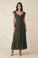 Olive Flutter Sleeve Sweetheart A-Line Chiffon Bridesmaid Dress | KISSBRIDAL