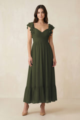 Olive Flutter Sleeve Sweetheart A-Line Chiffon Bridesmaid Dress | KISSBRIDAL