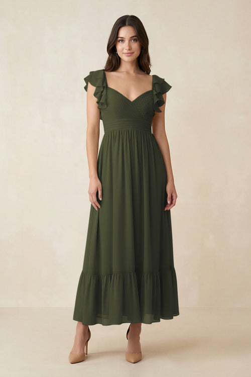 Olive Flutter Sleeve Sweetheart A-Line Chiffon Bridesmaid Dress | KISSBRIDAL