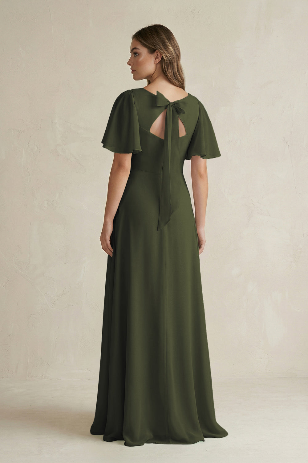 Flutter Sleeve V-Neck A-Line Chiffon Bridesmaid Dress in Olive