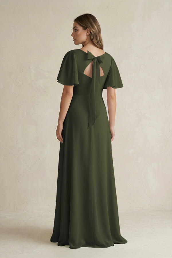 Olive Flutter Sleeve V-Neck A-Line Chiffon Bridesmaid Dress (2) | KISSBRIDAL