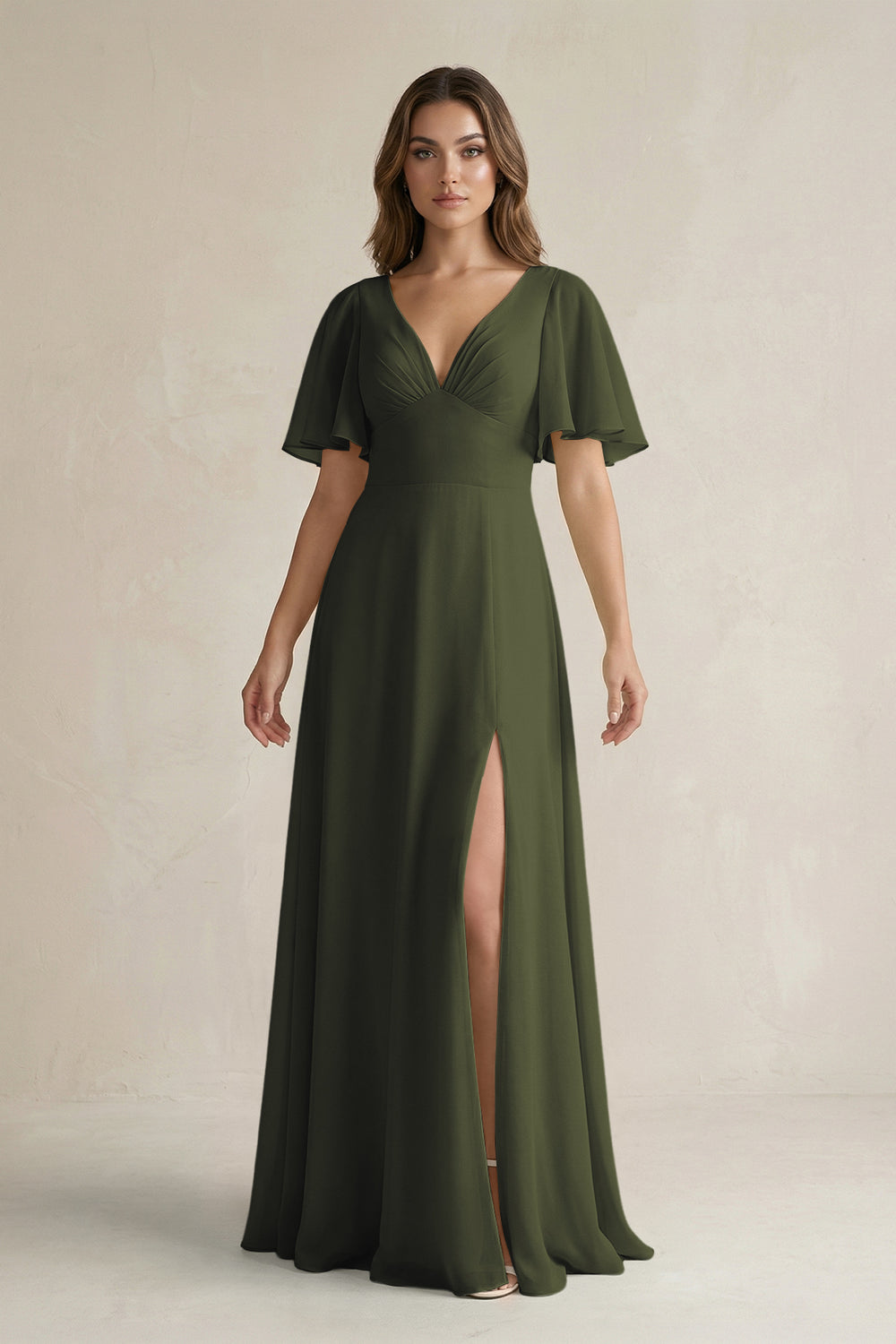 Flutter Sleeve V-Neck A-Line Chiffon Bridesmaid Dress in Olive
