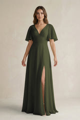 Olive Flutter Sleeve V-Neck A-Line Chiffon Bridesmaid Dress | KISSBRIDAL