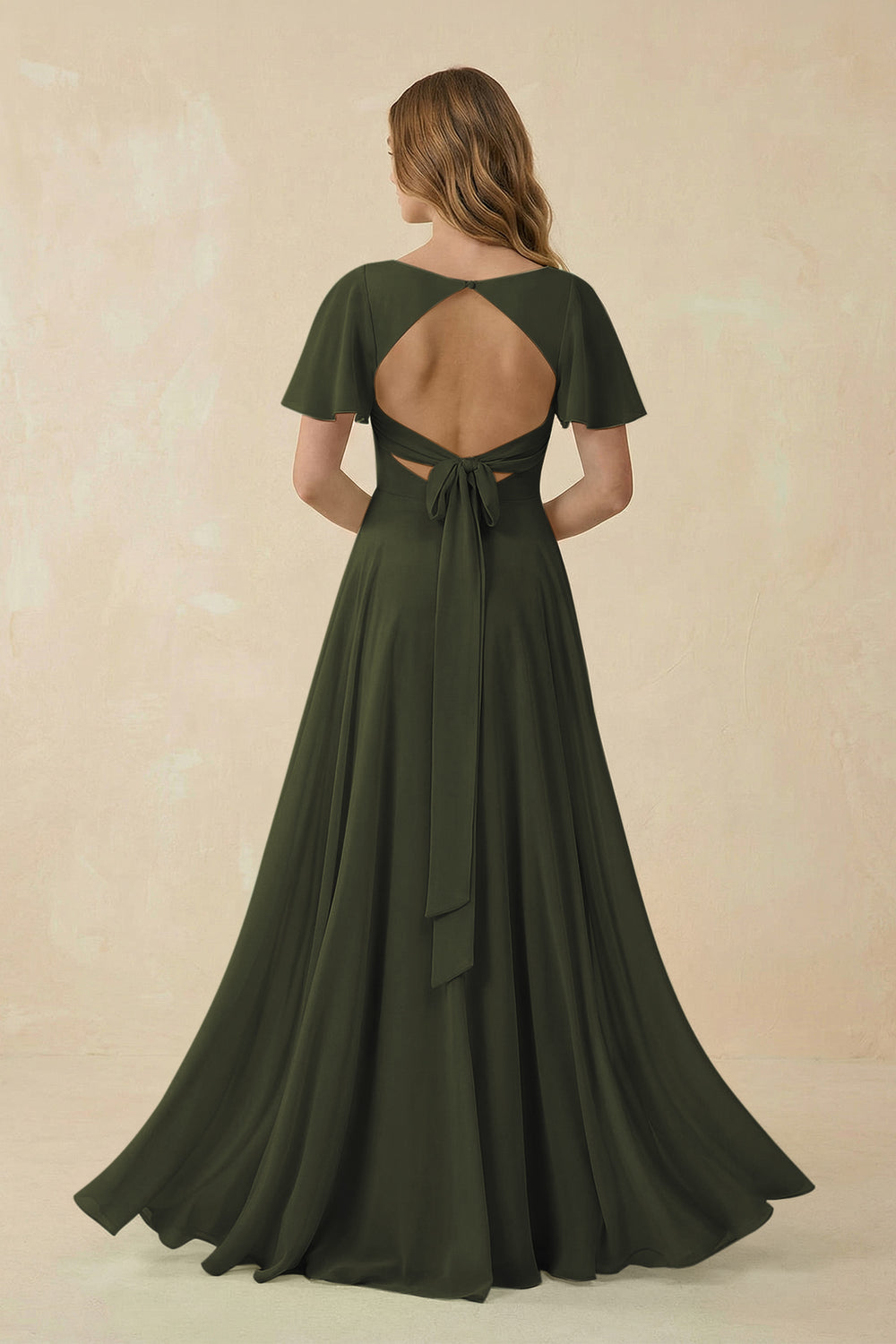 Flutter Sleeve V-Neck Chiffon A-Line Bridesmaid Dress in Olive