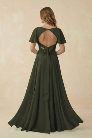 Olive Flutter Sleeve V-Neck Chiffon A-Line Bridesmaid Dress (2) | KISSBRIDAL