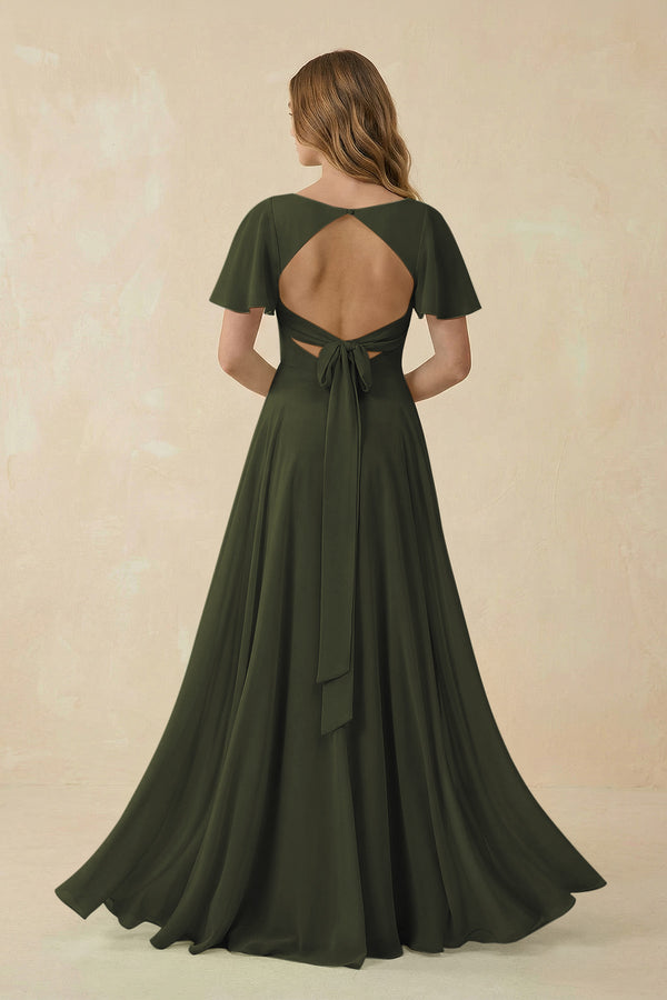 Olive Flutter Sleeve V-Neck Chiffon A-Line Bridesmaid Dress (2) | KISSBRIDAL