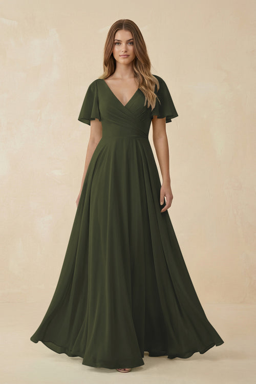 Olive Flutter Sleeve V-Neck Chiffon A-Line Bridesmaid Dress | KISSBRIDAL