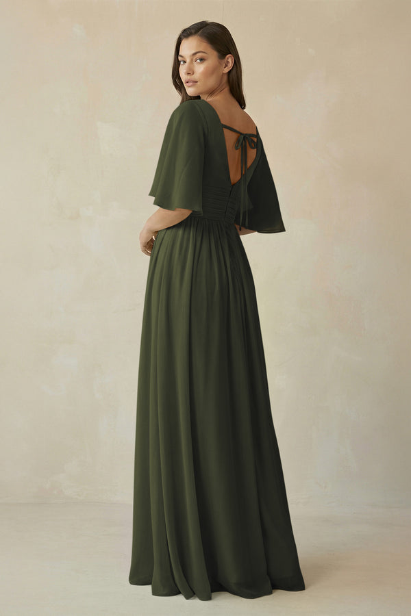 Olive Half Sleeve V-Neck A-Line Chiffon Bridesmaid Gown (2) | KISSBRIDAL