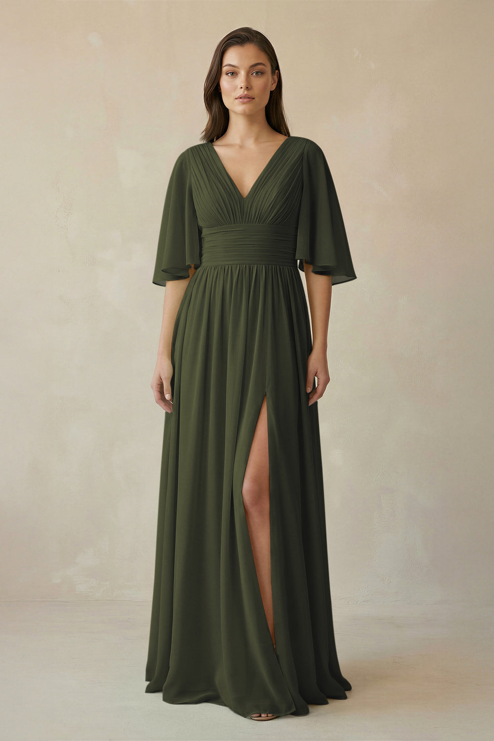 Half Sleeve V-Neck A-Line Chiffon Bridesmaid Gown in Olive