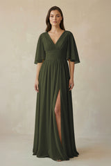 Olive Half Sleeve V-Neck A-Line Chiffon Bridesmaid Gown | KISSBRIDAL
