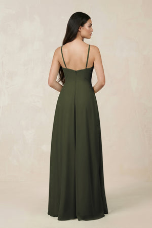 Olive Halter Chiffon A-Line Bridesmaid Dress With Slit (2) | KISSBRIDAL