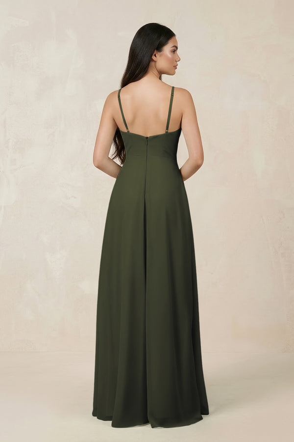 Olive Halter Chiffon A-Line Bridesmaid Dress With Slit (2) | KISSBRIDAL