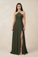 Olive Halter Chiffon A-Line Bridesmaid Dress With Slit | KISSBRIDAL