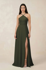 Olive Halter Chiffon A-Line Bridesmaid Dress With Slit | KISSBRIDAL