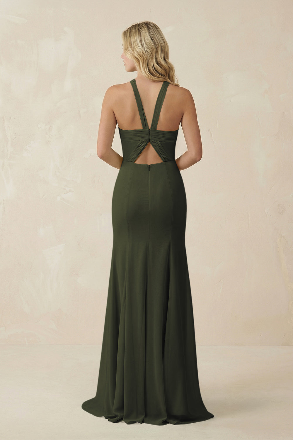 Halter Chiffon Mermaid Ruched Bridesmaid Dress in Olive