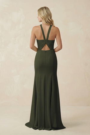 Olive Halter Chiffon Mermaid Ruched Bridesmaid Dress (2) | KISSBRIDAL